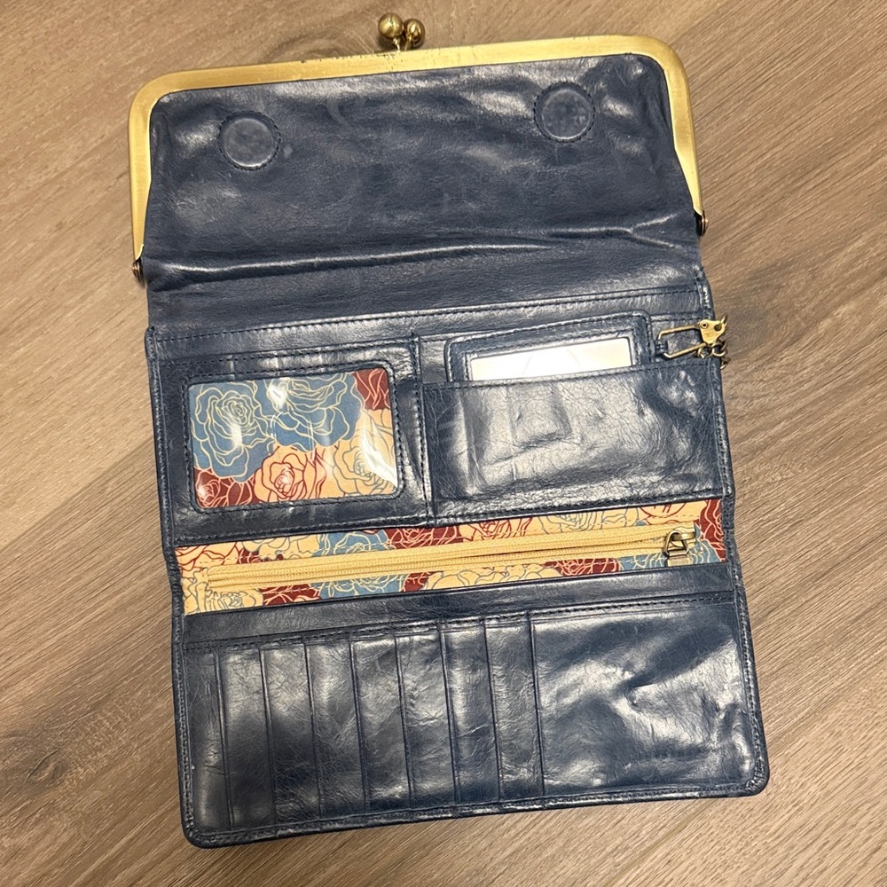 HOBO Navy Leather Frame-Clasp Wallet with Floral Interior